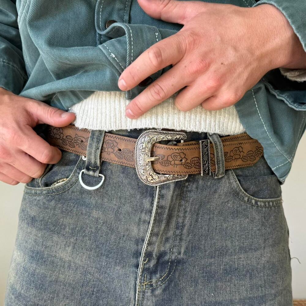 Y2K Brown Leather Belt Silver Buckle Adjustable Unisex Vintage New